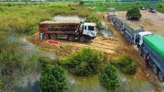 Perfectly Technique Dump truck 25.5Ton Filling Land into water &Skillful Dozer D58E KomatSu Pushing