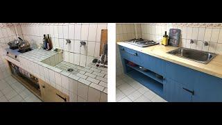 Kitchen Makeover 萬元預算DIY改造廚房 台式水泥磚造水槽流理台變身美式原木檯面+中島吧台隔間櫃