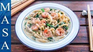 Maitake with Spinach & Prawns Miso Cream Udon | MASA's Cuisine ABC