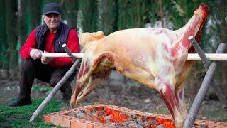 Roasting A Huge Whole Lamb On a Spit in a Primitive Way for My Wife - MUST SEE!