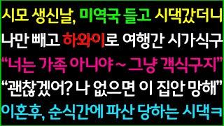 사이다-시모 생신날, 미역국 들고 시댁 갔더니 나만 빼고 하와이로 여행간 시가식구들, "너는 가족 아니야~ 객식구야!" 나 없으면 이 집안 망해ㅋ 이혼후, 순식간에 파산 당하는데