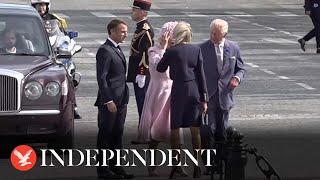 President Macron greets King Charles and Queen Camilla at Arc de Triomphe, France