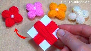 Amazing Woolen Flower Ideas with Paper - Super Easy Flower Making - Hand Embroidery Easy Trick