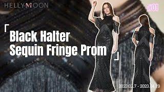 Hellymoon Women Black Fringe Prom Dress Halter Sequin Sleeveless Sheath Party Dress