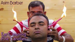 Ear cleaning process with Fire candles | Asim barber Head massage with Neck Cracking | ASMR ear wax