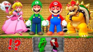 JJ and Mikey HIDE from MARIO , Luigi , Bowser , Princess Peach in Minecraft Maizen Security House