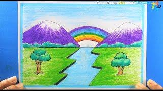 How to Draw Rainbow Scenery || Rongdhonu Scenery Drawing || Painting