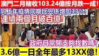 澳門二月賭收103.24億按月跌一成！同上年疫情同期比只係增加33%！3.6億一日全年最多13XX億！連政府日常開支都唔夠找數？｜CC字幕｜日更頻道