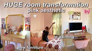 HUGE ROOM TRANSFORMATION  *pink aesthetic* all new furniture, room tour, repainting, decor haul!