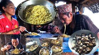 pork noodles with jungle family in Bhumi Kitchen || Nepali village kitchen ||