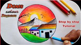 How to Draw a Sunset Landscape in a Circle || A Beautiful and Easy Drawing Tutorial