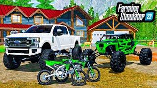 BUILDING "AWESOME" $2,000,000 HUNTING CABIN! (LIFTED TRUCKS + RZR) | FS22