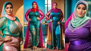 Plus-Size Muslim Woman in Glossy Colorful Outfit with Lace Mesh Hijab | AI Generated Model Lookbook