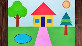 How to make scenery using geometrical shapes |House scenery with geometrical shapes |Village scenery