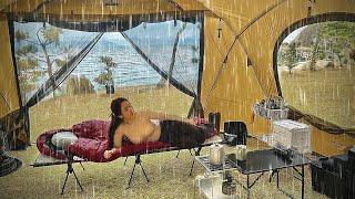 Soaked girl camping in a big tent in the rain on the beach  ASMR