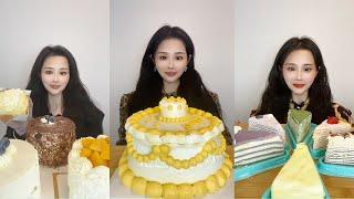 AsmrEating Yellow Cream Castle Cake (Soft And Waxy Sound) 크림丨먹방丨Mukbang丨Satisfying