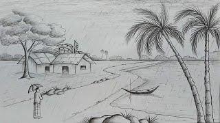 How to draw scenery of rainy season by pencil sketch step by step