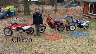 CRF70 vs CR60 vs PW50 - Kid dirt bike start up & ride