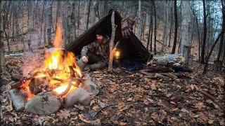 Solo Bushcraft Camp in Heavy Rain - Canvas Lavvu Poncho Tent Shelter