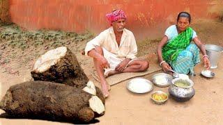 santali tribe grandma cooking giant taro root masala curry for their lunch menu ||village food