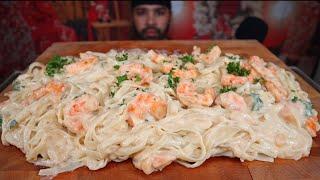 ASMR SHRIMP FETTUCCINE ALFREDO PASTA MUKBANG