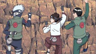 Guy and Kakashi compete in a one-handed mountain climbing challenge while training Tenten's skills