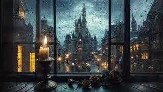 Magical Night Castle — Candle Light Ambiance by a Rain Streaked Window — Storm, Rain, Crackling Fire