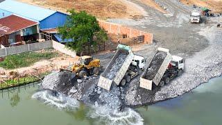 Wonderful Extreme Action Equipment Skill Driver , Wheel Loader Moving Rock to Water Making Long Road