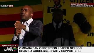 Zimbabwean opposition leader Nelson Chamisa addresses party supporters