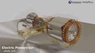 Particleworks | Oil lubrication simulation of electric powertrain - eAxle 1 | Prometech Software