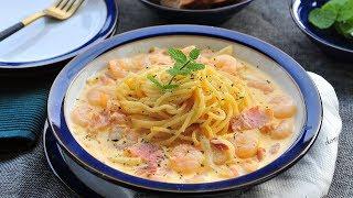 생크림없이 우유로 꼬소한 새우 크림스파게티 만드는법/크림파스타 만들기(Shrimp Cream spaghetti,꼬마츄츄)