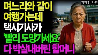 며느리와 같이 여행가는데 휴게소에서 택시기사가 '빨리 도망가셔야 해요' 이 말듣고 다 박살내버린 할머니...노년의 삶의 지혜 행복한 노후생활 부모자식갈등 사연 이야기 오디오북