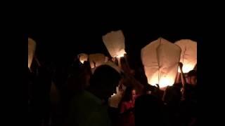 Sky Lanterns at platja De La Nova Icaria beach in Barcelona, Spain