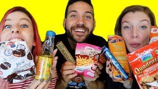 AMERICANS TRY SNACKS FROM AROUND THE WORLD!! Carly, Erin and Joe