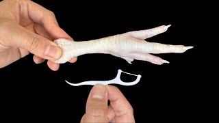 Debone Chicken Feet in 10 Seconds with Just a Toothstring 鶏の爪を10秒で骨抜き！歯の糸で簡単に！닭발 뼈 발라내기 10초!