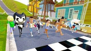 NEIGHBOR VS ICE SCREAM VS BENDY VS BALDI VS FREDDY VS GRANNY RACES - Hello Neighbor