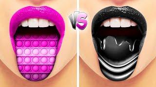 PINK VS BLACK FOOD CHALLENGE! Eating Only 1 Color Challenge, Wednesday VS Enid by Gotcha! Hacks