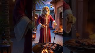 A royal lion stands in a Moroccan courtyard using magical spices. #funny #ai #animals