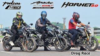 Honda Hornet 2.0 Vs Pulsar N160 Vs Apache 160 4v | Drag Race | Who Will Win ?