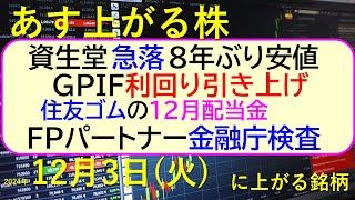 あす上がる株　2024年１２月３日（火）に上がる銘柄。資生堂が８年ぶりも安値に。FPパートナー、金融庁調査でストップ安。GPIF期待。住友ゴムの配当～最新の日本株情報。高配当株の株価やデイトレ情報～