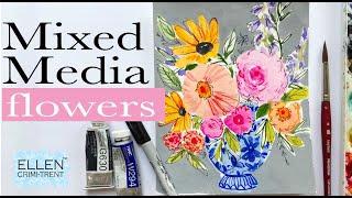 EASY Mixed Media Flowers with Watercolor  Tutorial