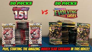 FINALLY!! 50 PACKS of POKEMON 151 vs. 50 PACKS of EVOLVING SKIES Pokemon Card Opening!! + GIVEAWAY!!