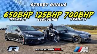 700BHP STAGE 3 M140I v GSXR 600 v FULLY BUILT 650BHP GOLF R