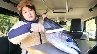 【車中飯】釣ったマグロを「さばいていくっ！」豪華な刺身盛合せ