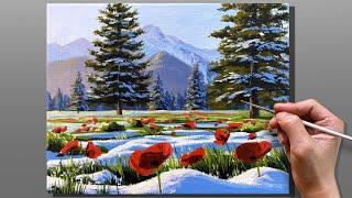 Acrylic Painting Winter Poppies Landscape | Time-lapse