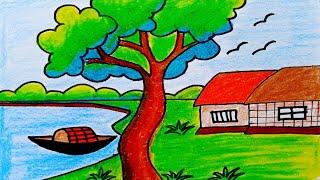 Easy landscape drawing for kids and beginners|Learn house and nature simple painting|River side draw