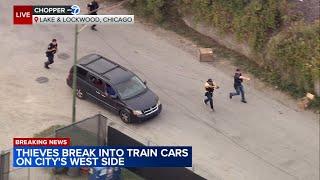 Police officers with guns drawn chase train car thieves
