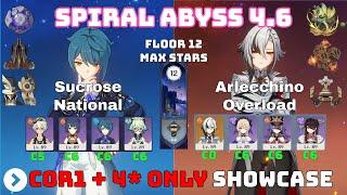 Arlecchino c0r1 with 4 Stars Only / Sucrose National - Floor 12 9* - Spiral Abyss 4.6