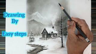 How to draw winter nature landscape real time, snowy cottage, snowy trees, mountains etc.