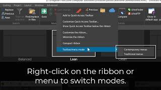 Customize UltraEdit's look and feel with themes, ribbon, menus, more